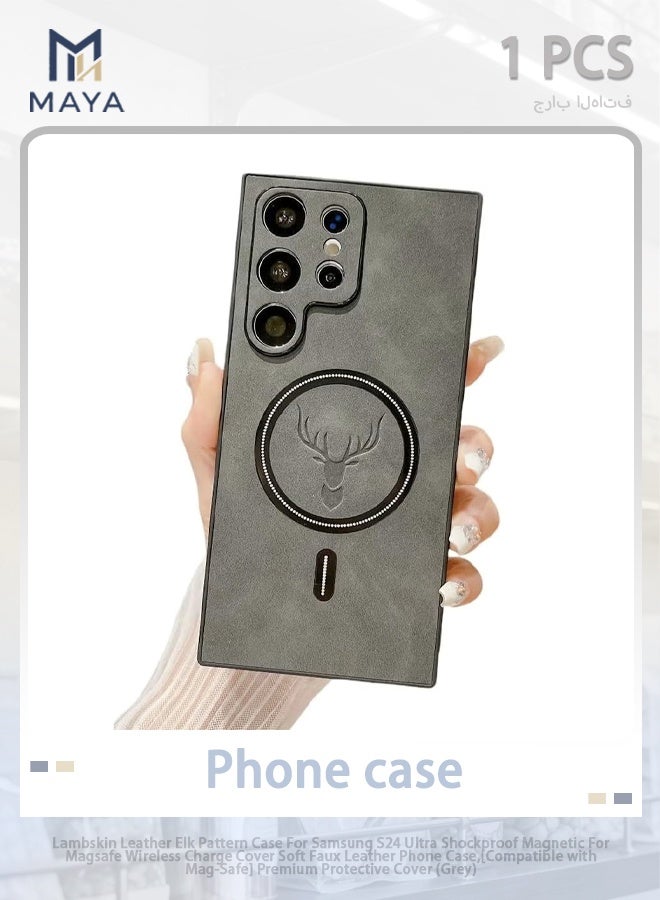 مايا جراب من جلد الخروف بنقشة جلد الأيل لهاتف سامسونج S24 ألترا، مقاوم للصدمات، مزود بمغناطيس، متوافق مع الشحن اللاسلكي ماج سيف، جراب هاتف من الجلد الصناعي الناعم، [متوافق مع ماج سيف] غطاء حماية ممتاز (رمادي) - Image 1